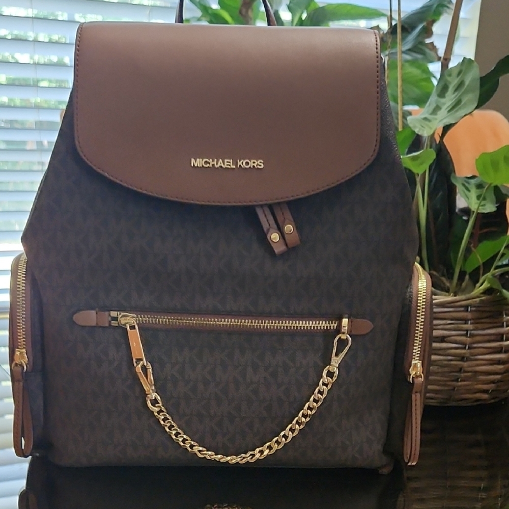 Michael Kors Dark Brown and Gold Chain Backpack